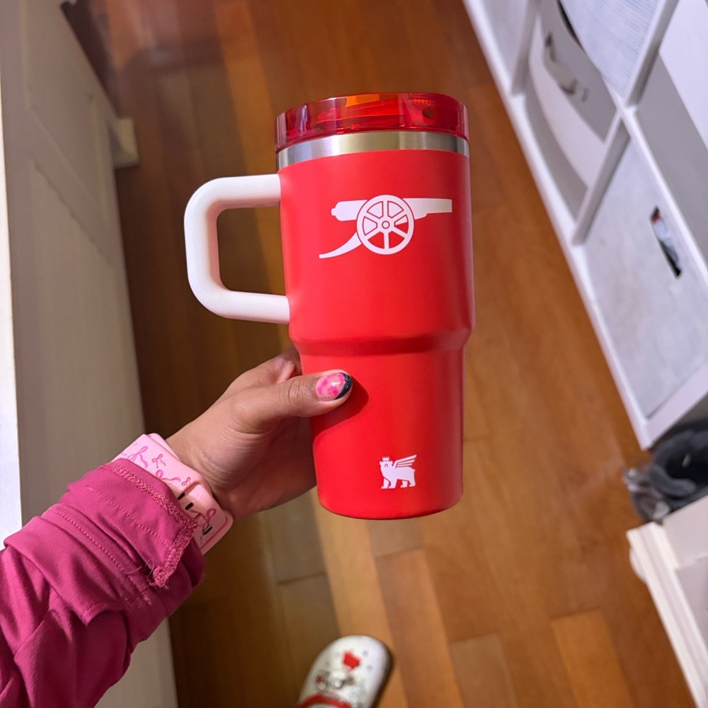 Stanley Red and White Travel Mug with Handle